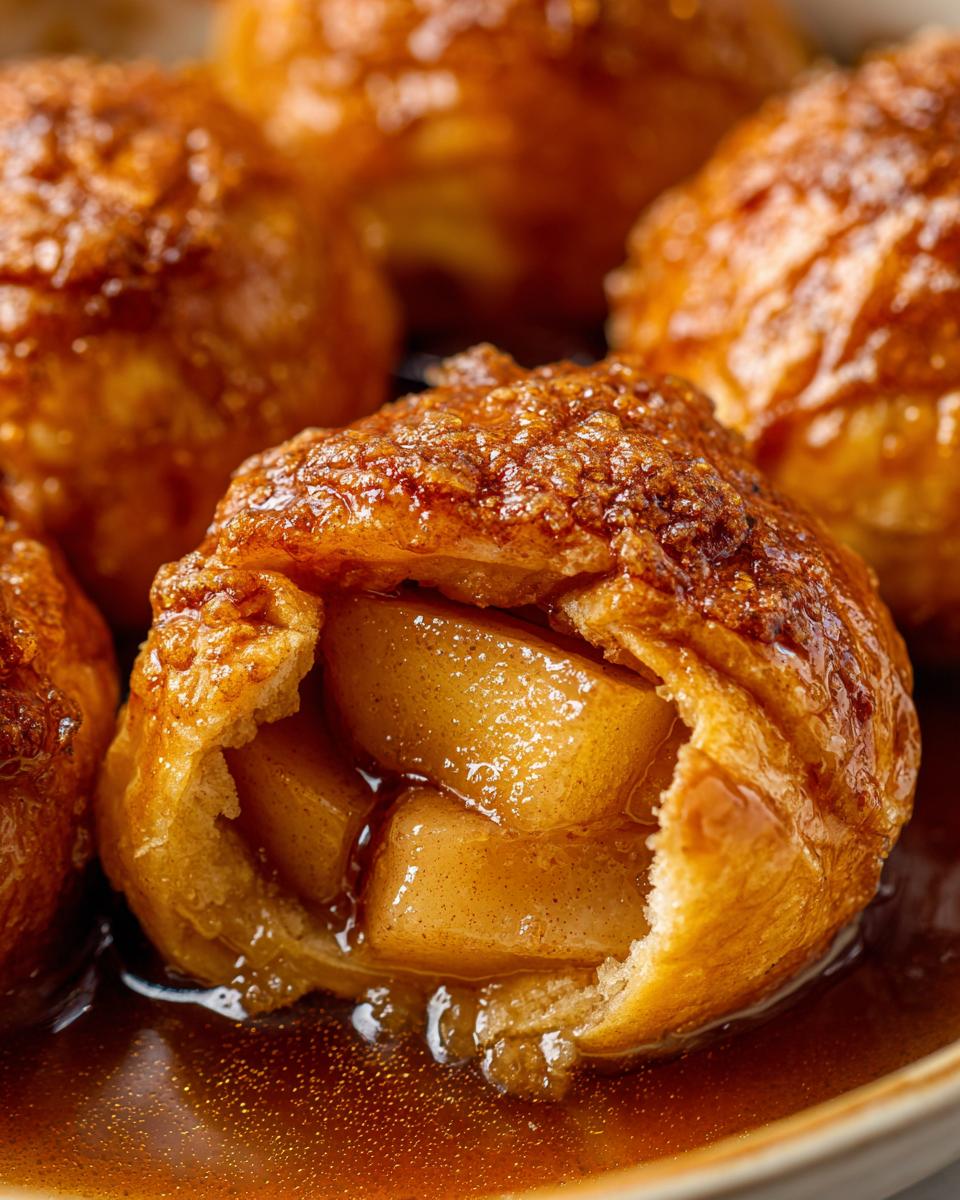 A close-up, detailed view of a warm, golden-brown apple dumpling, split open to reveal tender apple pieces in a rich, syrupy sauce.
