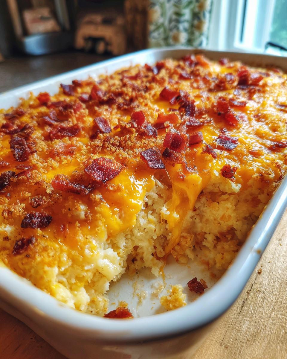 A close-up of a white baking dish filled with a cheesy Crack Chicken Casserole topped with crumbled bacon.