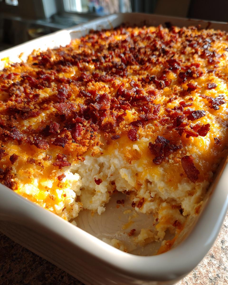 A close-up of a baking dish filled with creamy crack chicken casserole topped with melted cheese and crispy bacon bits.