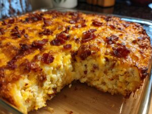 A close-up of a freshly baked Crack Chicken Casserole topped with melted cheese and crispy bacon bits.