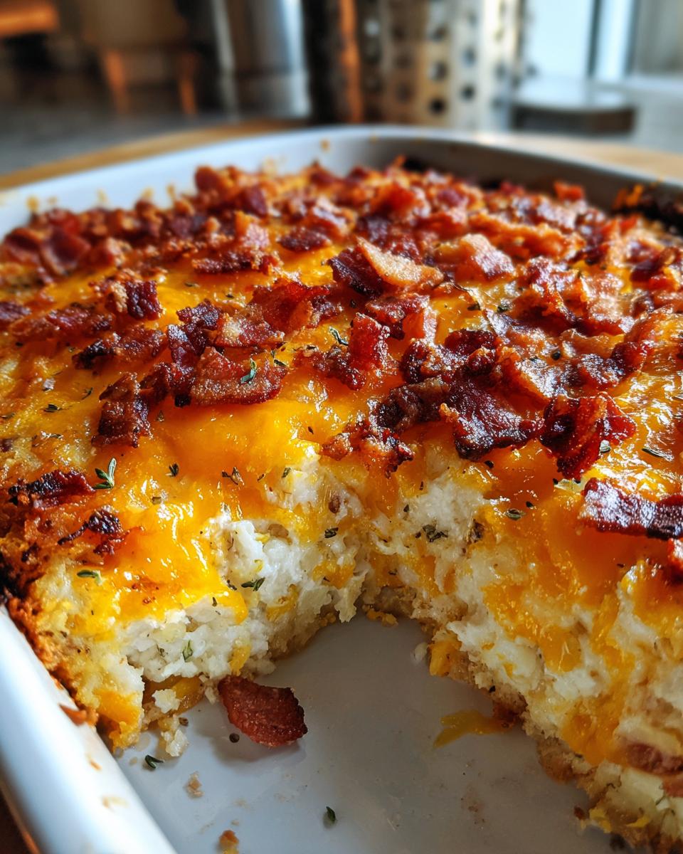 A close-up of a freshly baked Crack Chicken Casserole topped with melted cheddar cheese and crispy bacon bits.