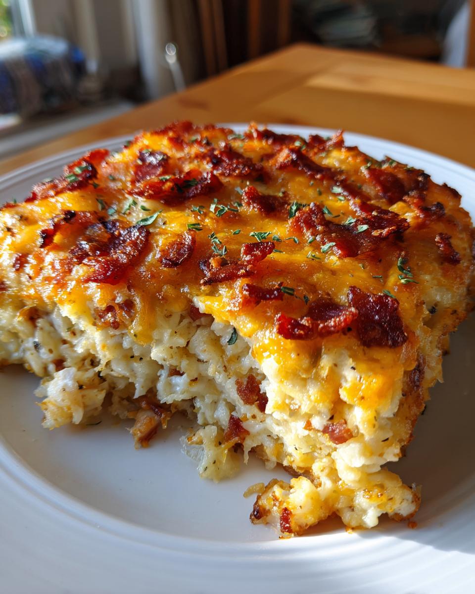A close-up of a slice of crack chicken casserole topped with melted cheese and crispy bacon.