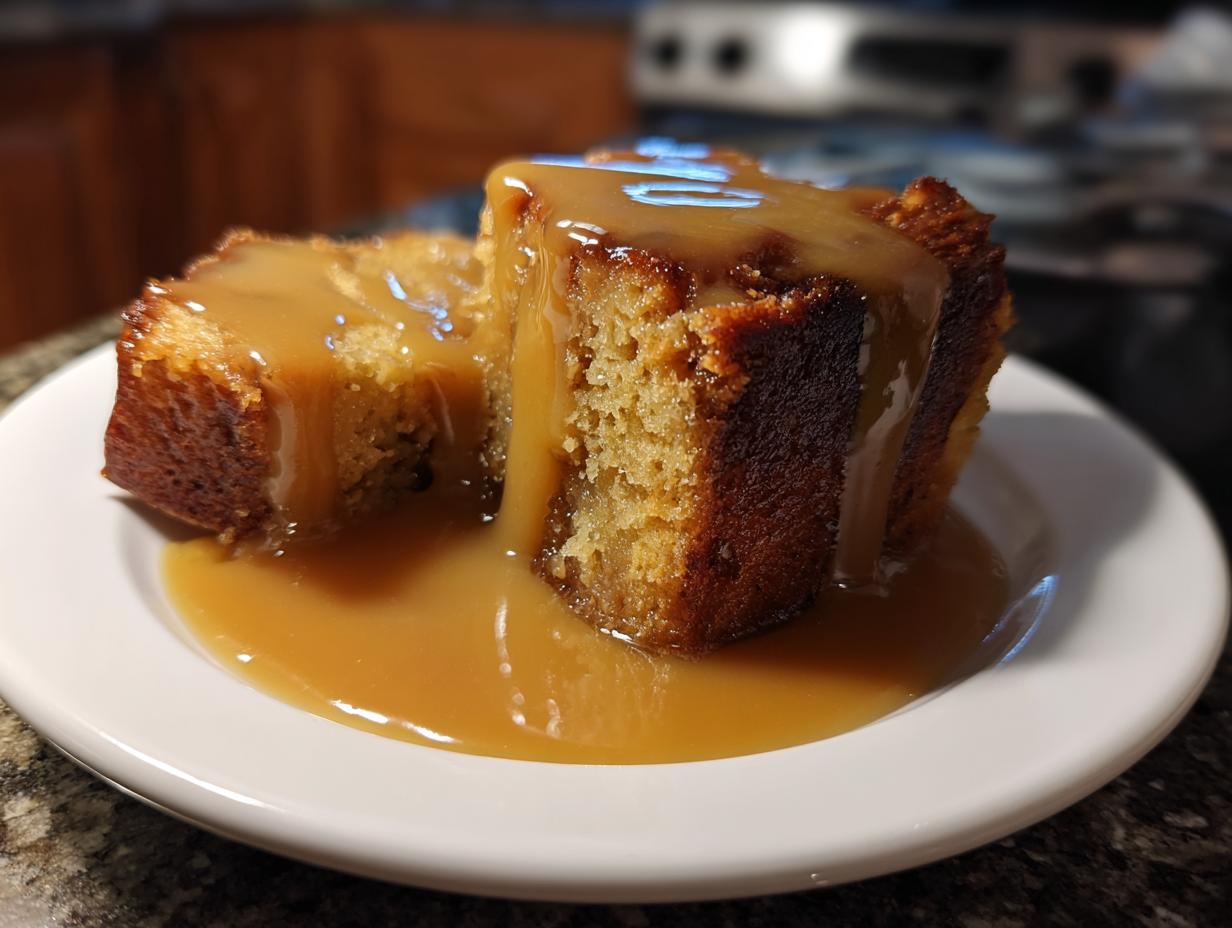 Two slices of creamy bread pudding generously topped with warm caramel sauce on a white plate.