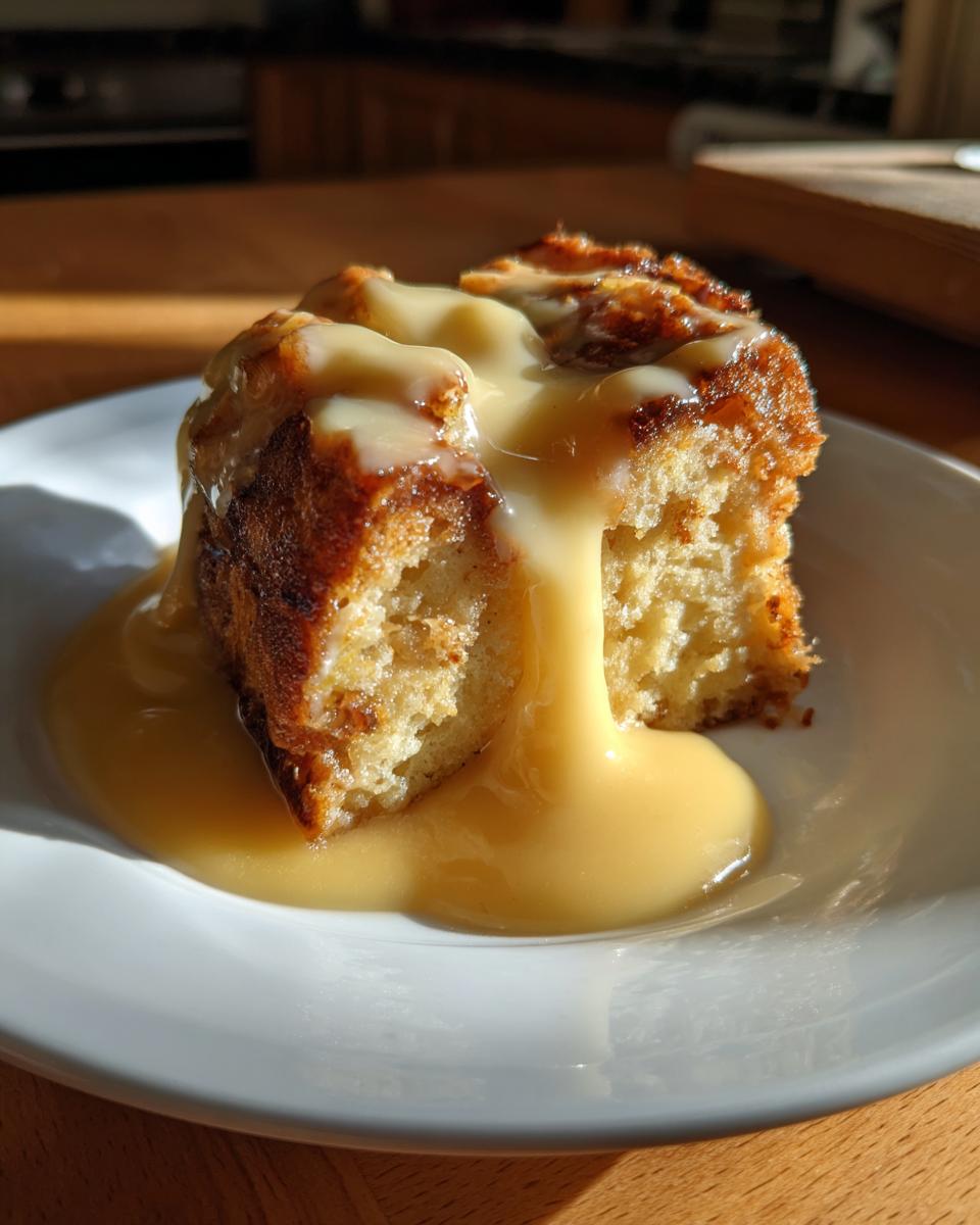 A slice of creamy bread pudding topped with warm custard, served on a white plate.