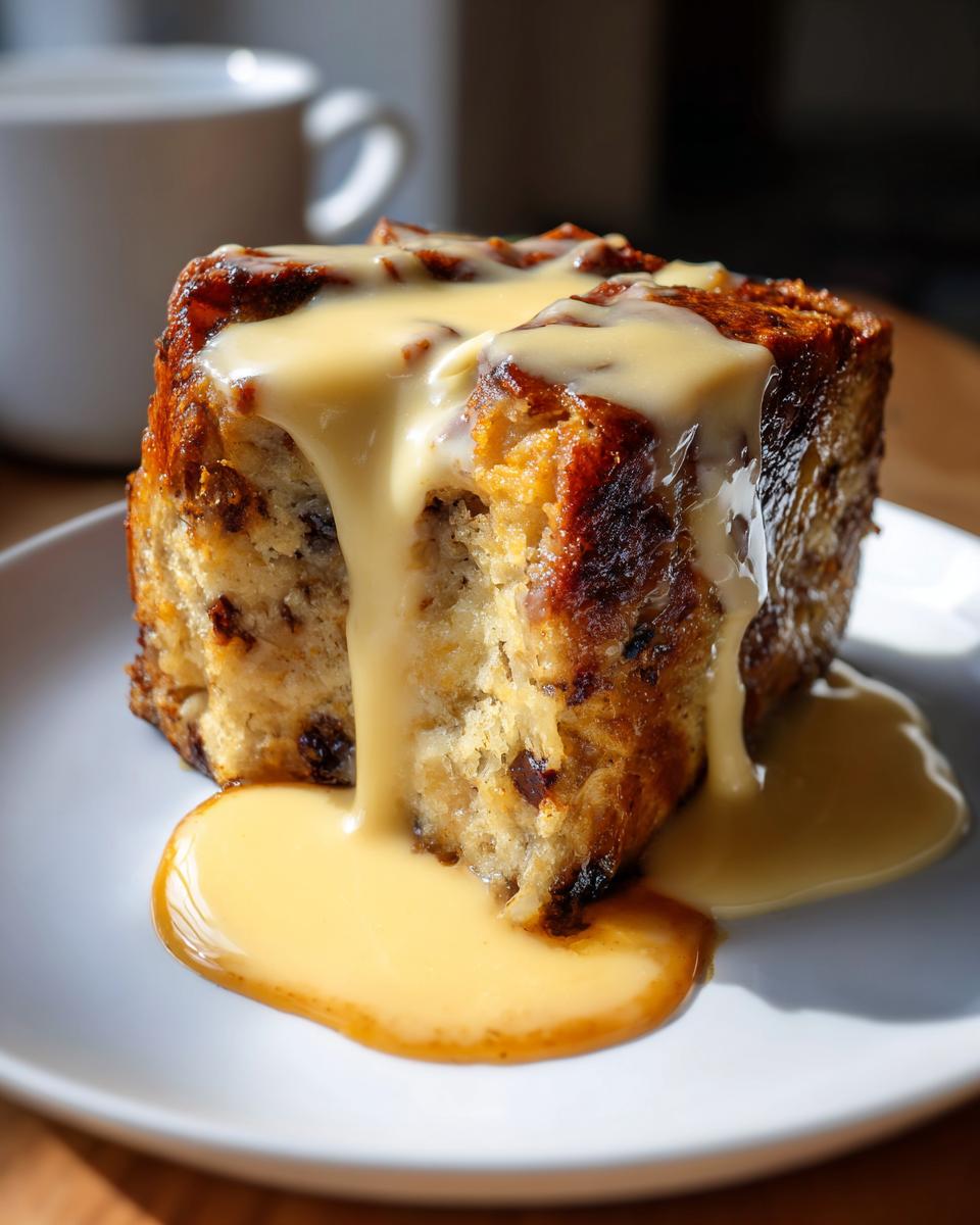 A slice of creamy bread pudding generously topped with warm custard.