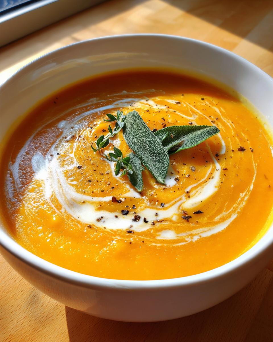 A close-up of a bowl of creamy butternut squash soup, swirled with cream and topped with fresh sage and thyme.