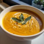 A close-up of creamy butternut squash soup in a white bowl, garnished with a swirl of cream and fresh sage leaves.