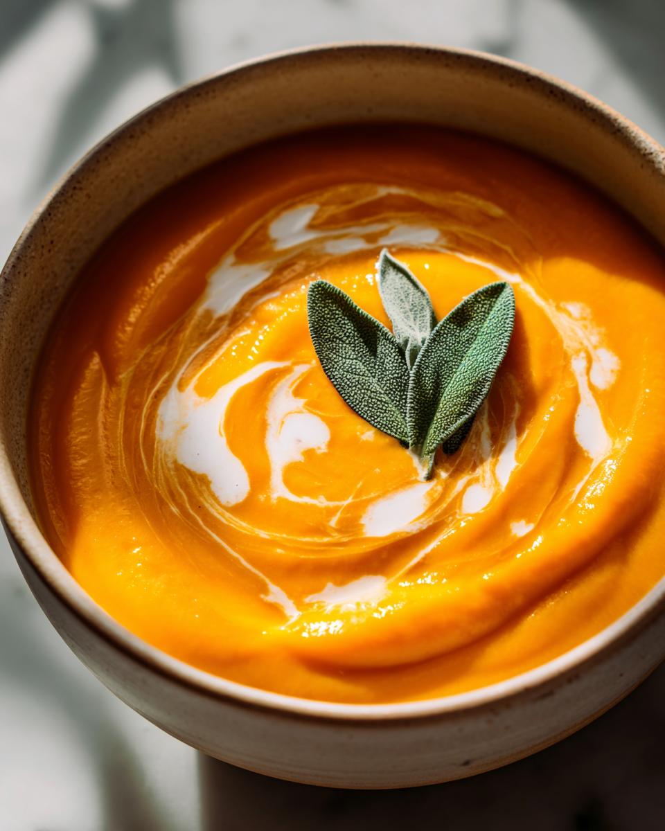 A close-up of a bowl of creamy butternut squash soup, swirled with cream and topped with fresh sage leaves.