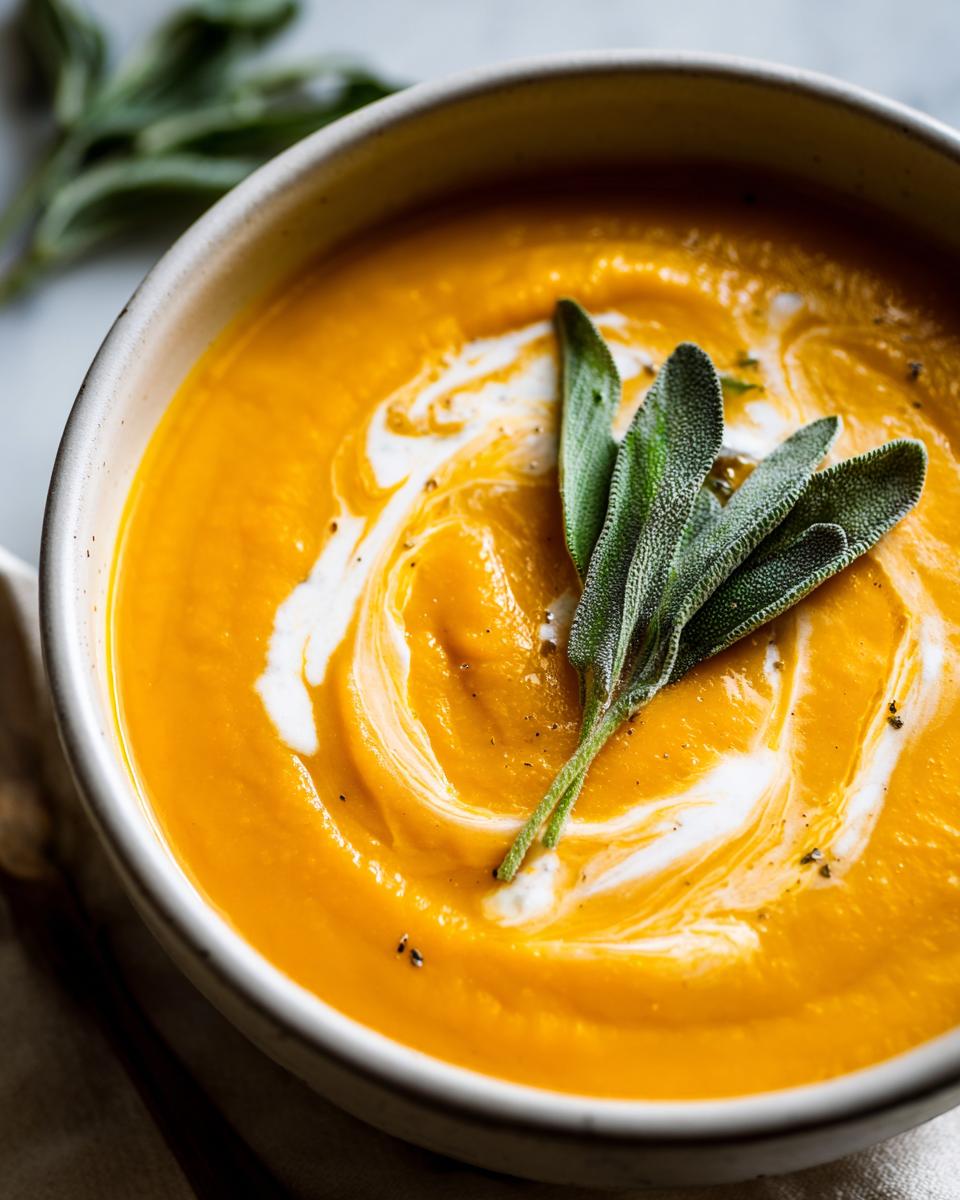 A close-up of creamy butternut squash soup swirled with cream and topped with fresh sage leaves.
