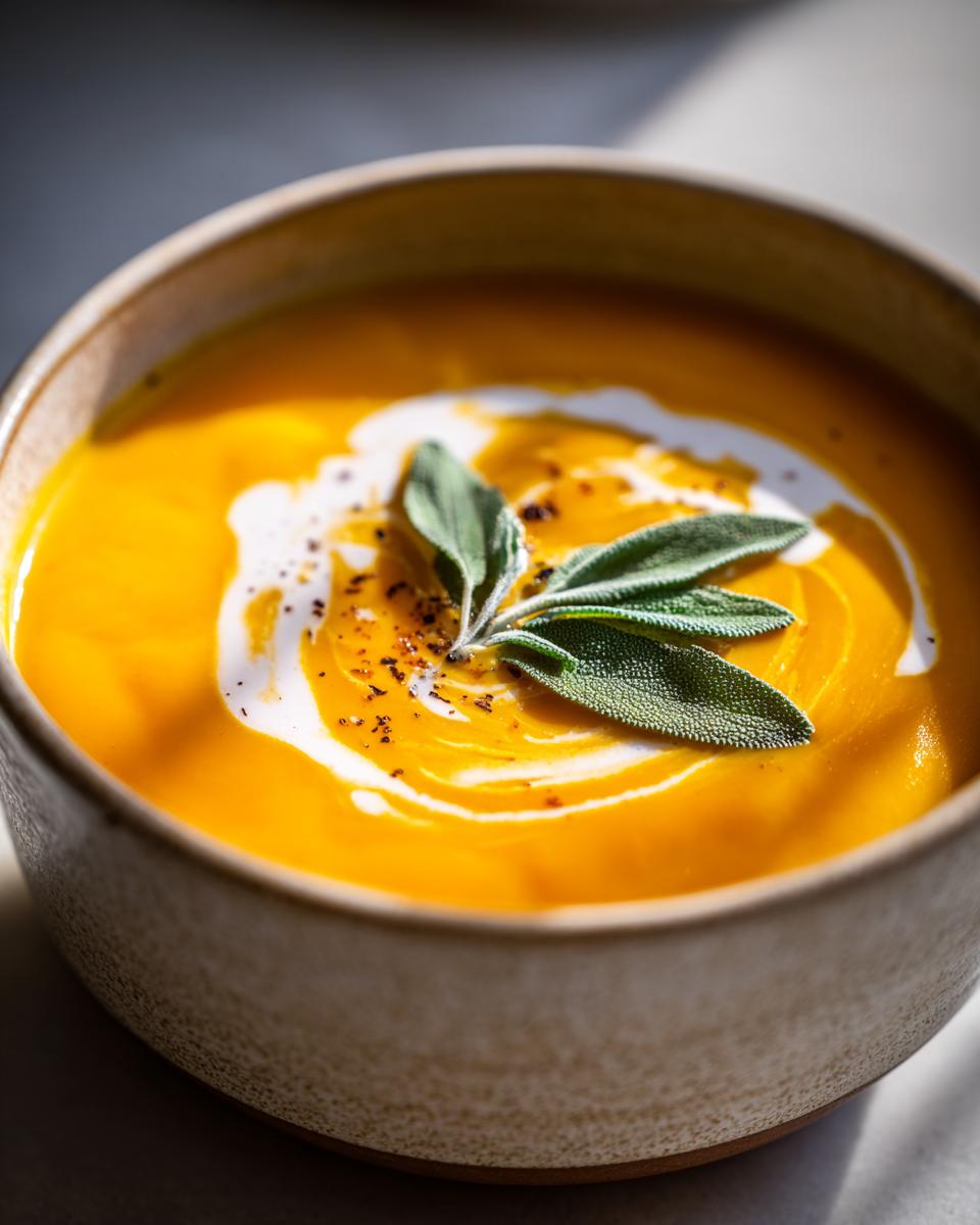 A close-up of a bowl of creamy butternut squash soup, swirled with cream and topped with fresh sage leaves and black pepper.