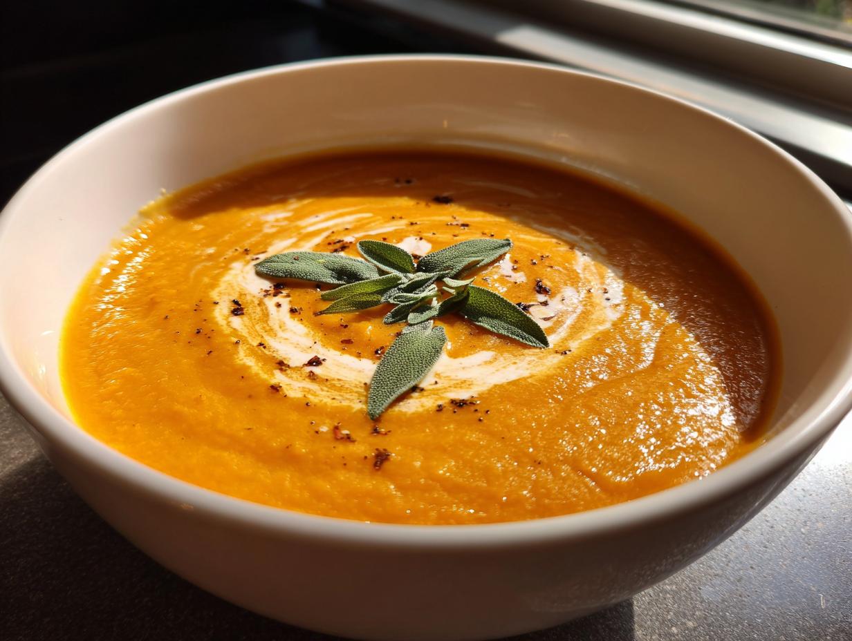 A bowl of creamy butternut squash soup, swirled with cream and garnished with fresh sage leaves and black pepper.