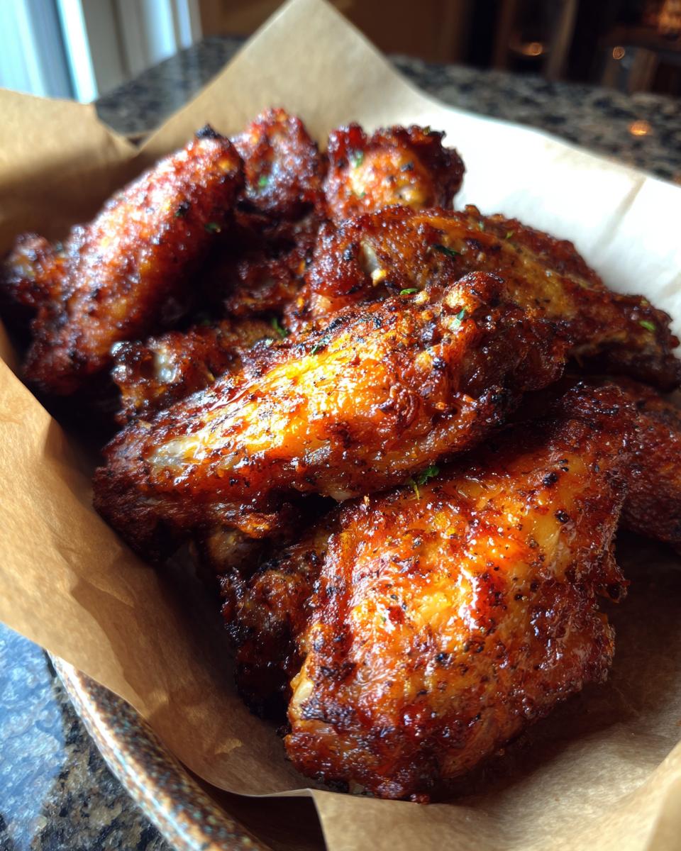 Close-up of perfectly cooked crispy air fryer chicken wings seasoned with spices.
