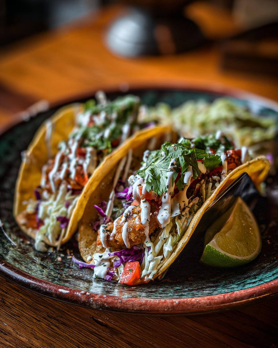 Close-up of two crispy Baja fish tacos filled with shredded cabbage, pico de gallo, and drizzled with creamy sauce, served with a lime wedge.