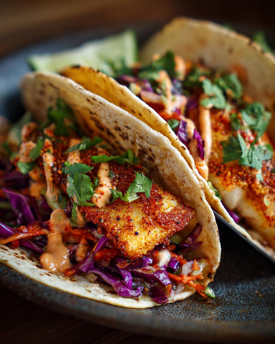 Close-up of two Baja fish tacos filled with crispy fish, red cabbage slaw, and a creamy sauce, garnished with cilantro.
