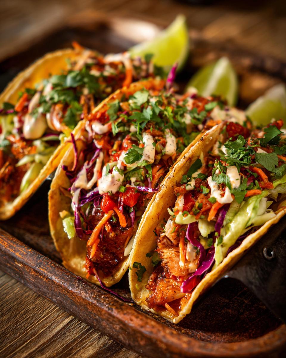 Three crispy Baja fish tacos filled with flaky fish, shredded cabbage, carrots, and drizzled with sauce, served with lime wedges.