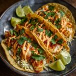 Three crispy Baja fish tacos on a plate, topped with creamy sauce, cilantro, and lime wedges.