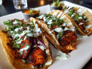 Three delicious Baja fish tacos filled with crispy fish, red cabbage, and drizzled with a creamy white sauce and cilantro.