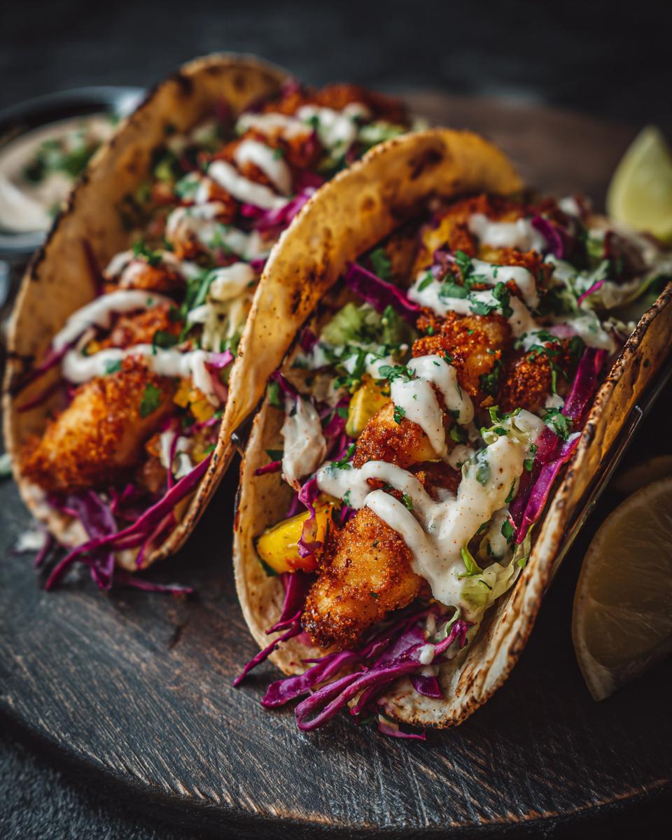 Two crispy Baja fish tacos filled with fried fish, red cabbage, lettuce, and drizzled with a creamy white sauce.