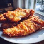 Close-up of golden-brown, crispy beer battered fish fillets piled on a white plate.