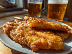Close-up of golden-brown, crispy beer battered fish fillets served on a light grey plate with two glasses of beer in the background.