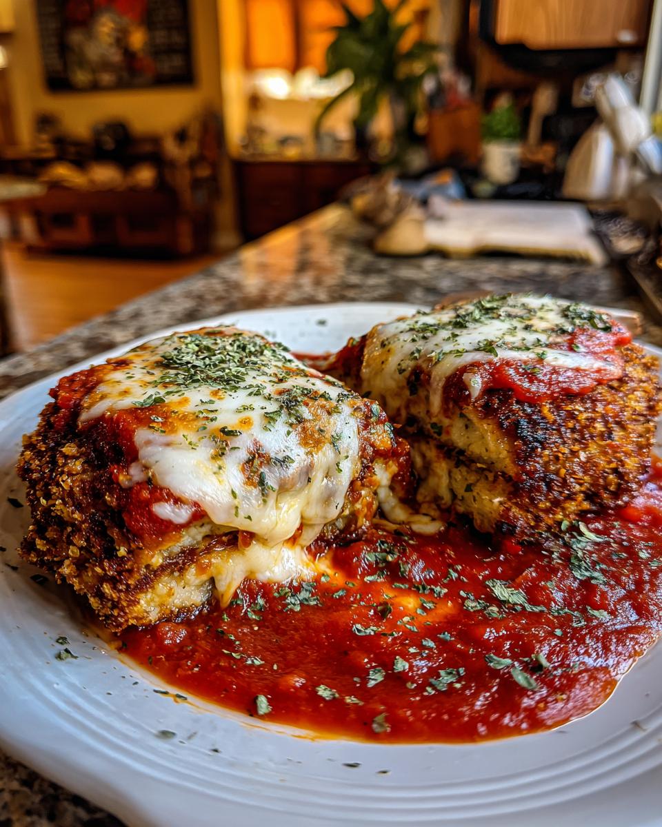 Close-up of two servings of crispy Eggplant Parmesan topped with melted mozzarella cheese and marinara sauce, garnished with parsley.