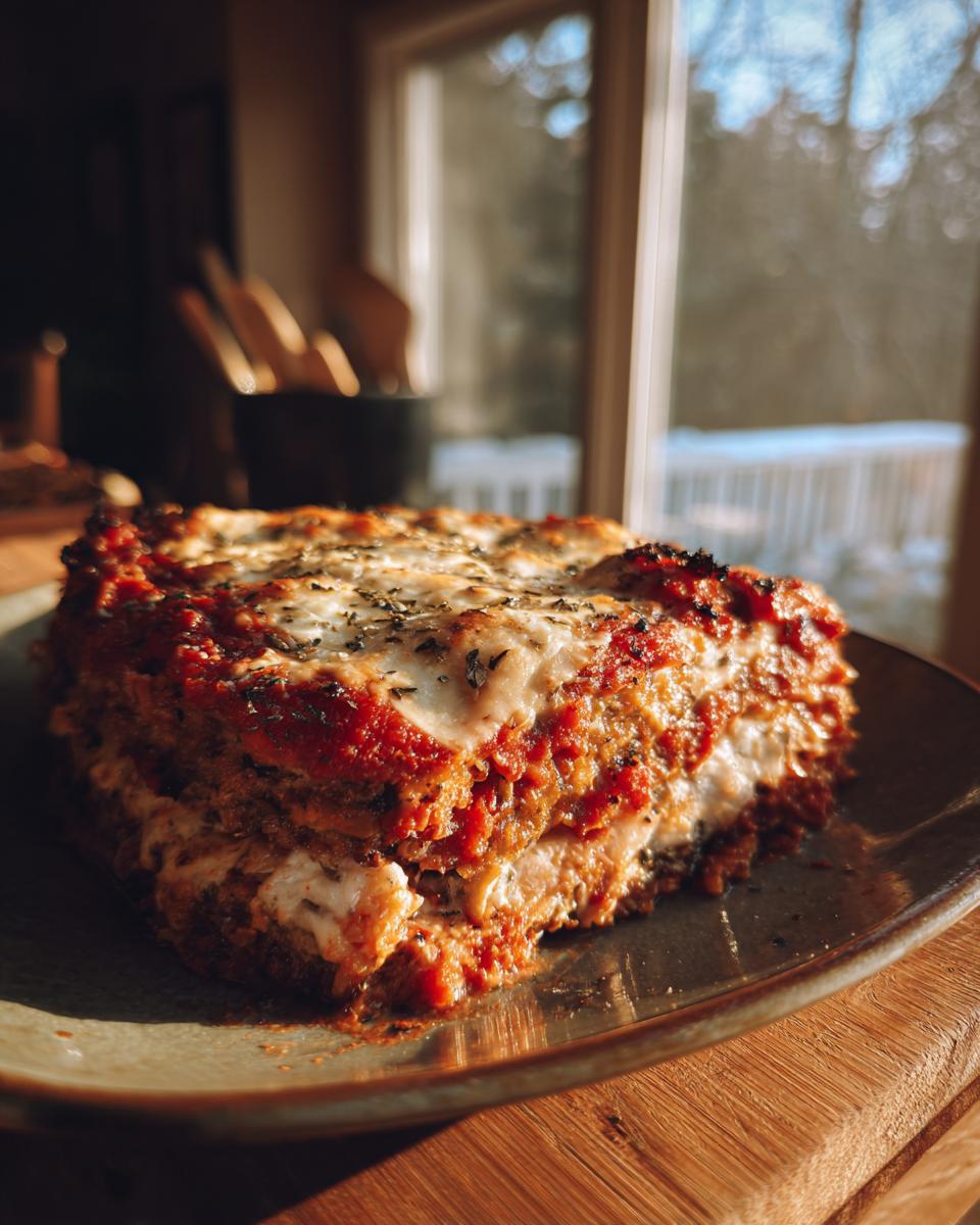 A close-up of a slice of crispy Eggplant Parmesan, featuring layers of eggplant, marinara sauce, and melted cheese.