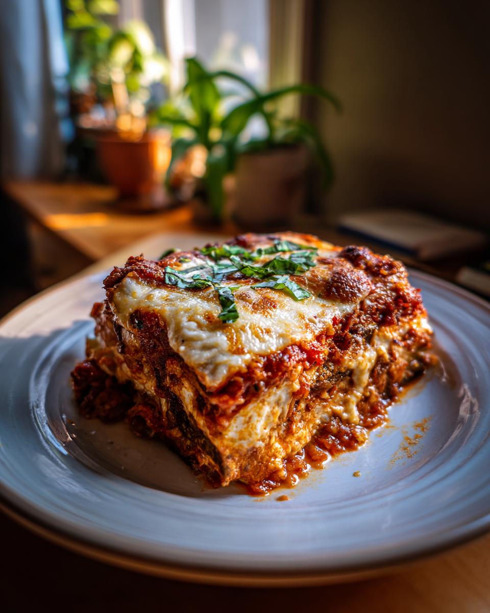 A delicious slice of crispy Eggplant Parmesan topped with fresh basil leaves, served on a white plate.