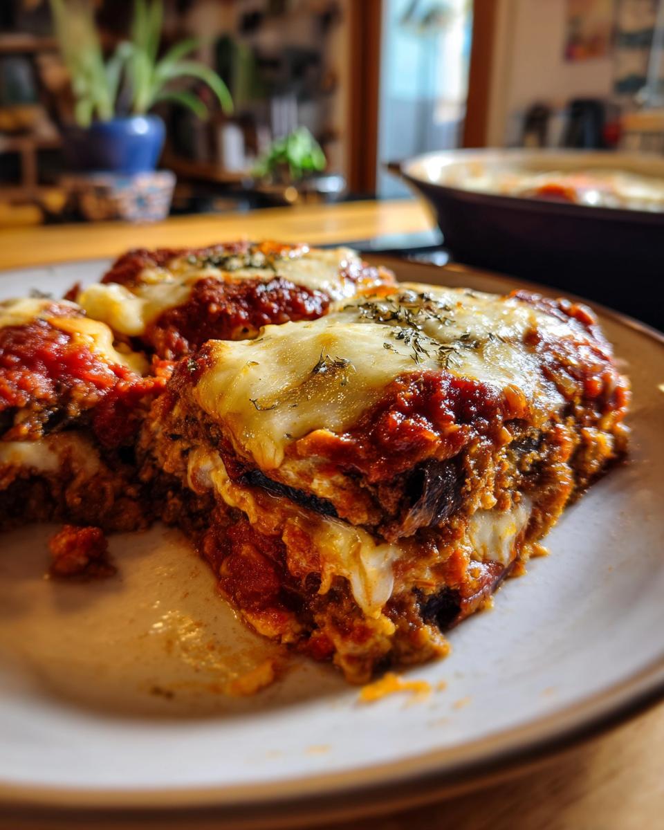A close-up of a delicious slice of crispy Eggplant Parmesan, layered with sauce and melted cheese.