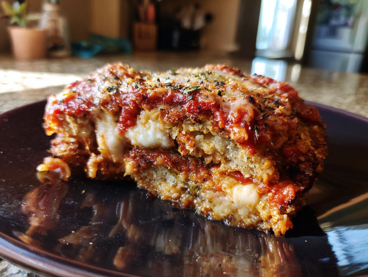 A close-up of a slice of crispy Eggplant Parmesan, showing layers of breaded eggplant, marinara sauce, and melted mozzarella cheese.