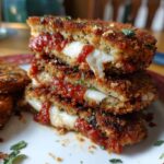A close-up stack of crispy Eggplant Parmesan slices, oozing with melted mozzarella cheese and marinara sauce, garnished with fresh parsley.