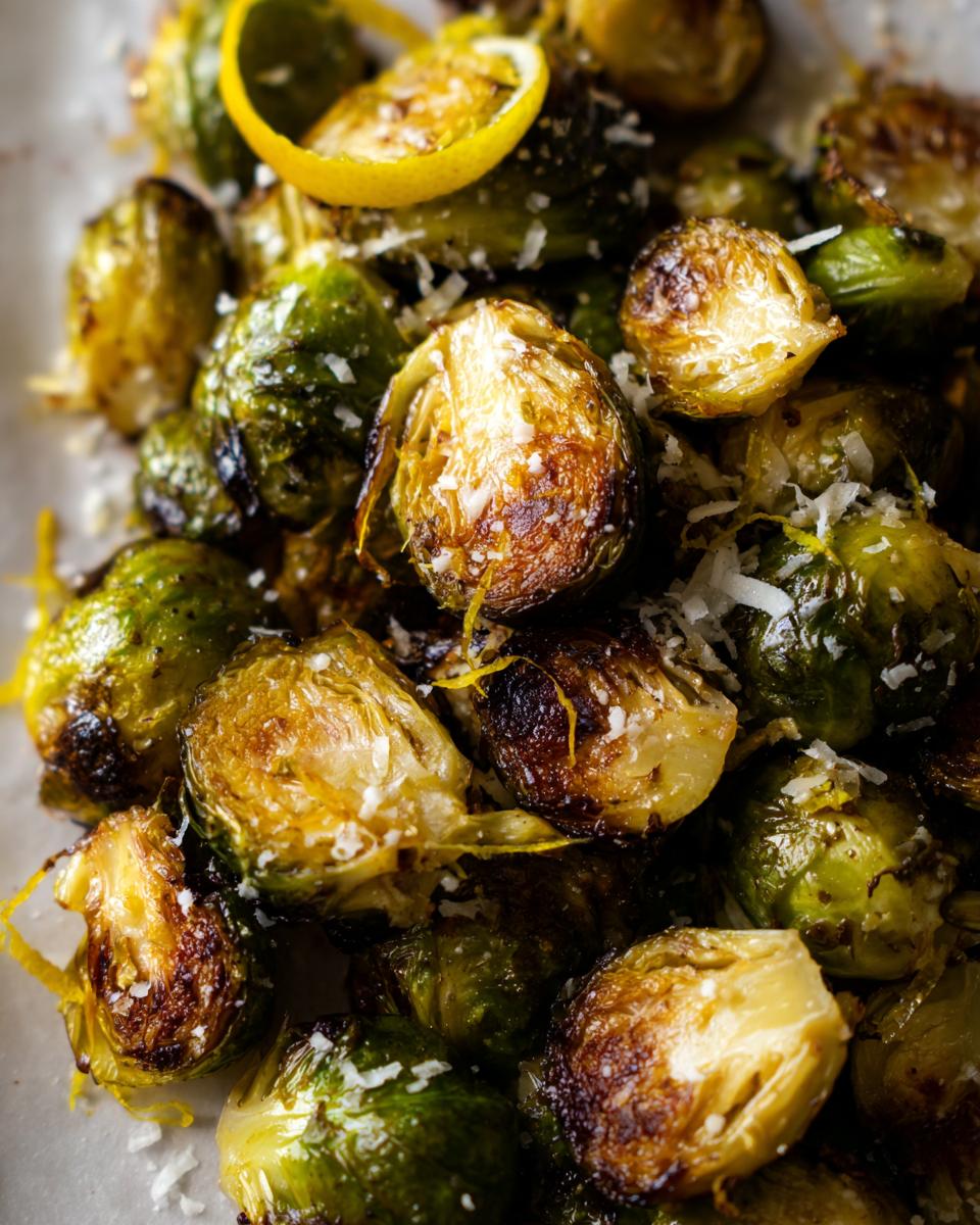 Close-up of perfectly roasted Brussels sprouts, glistening with lemon zest and sprinkled with Parmesan cheese.