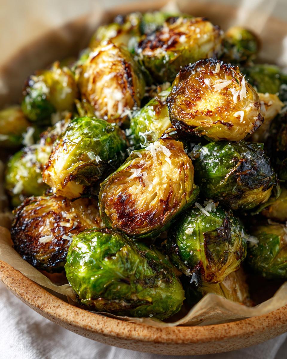 Close-up of perfectly roasted Brussels sprouts, glistening and sprinkled with Parmesan cheese.