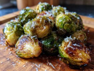 Close-up of crispy roasted Brussels sprouts sprinkled with Parmesan cheese on a wooden board.