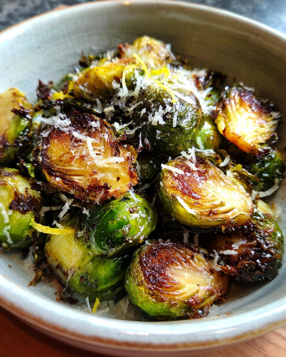 A close-up of crispy roasted Brussels sprouts topped with grated Parmesan cheese and lemon zest.