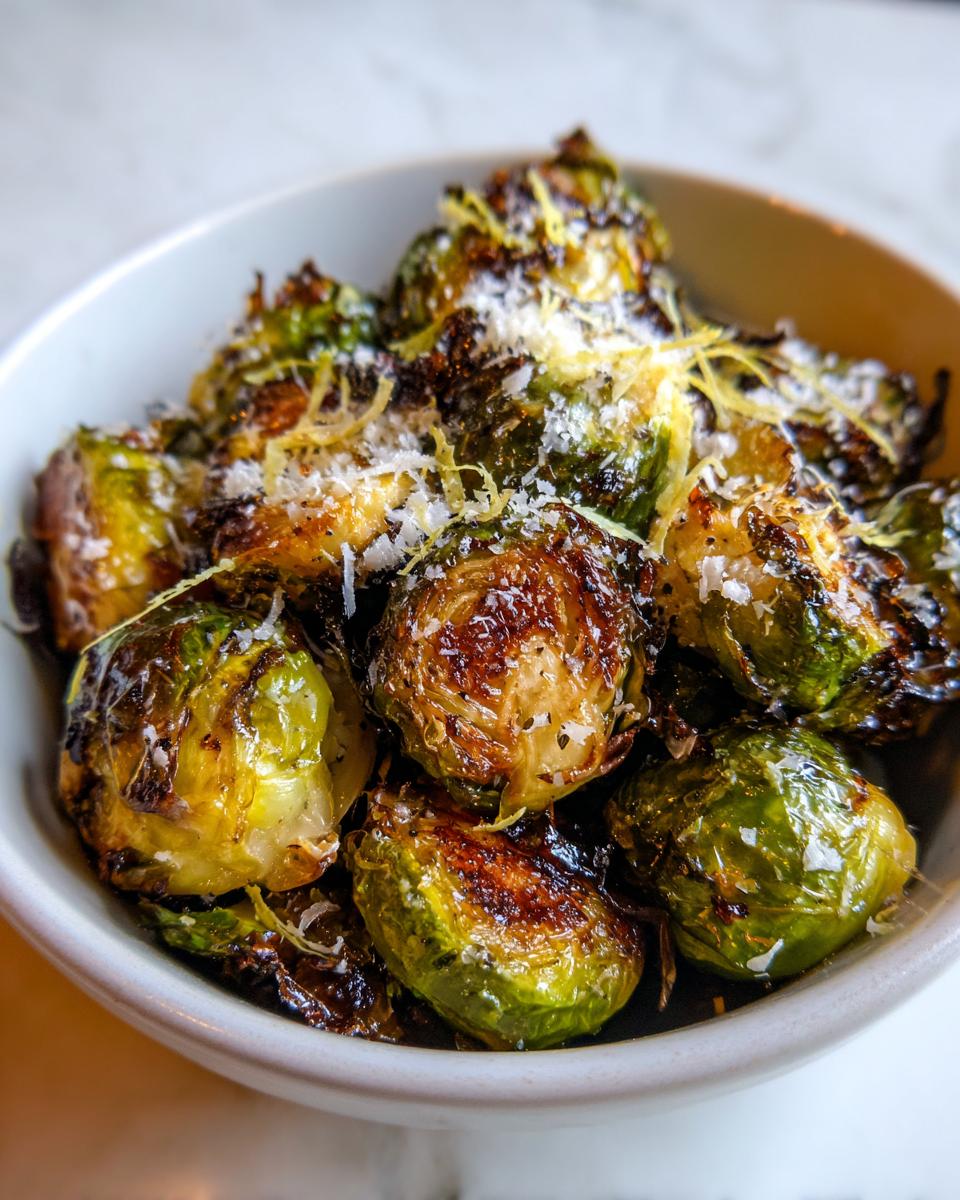Close-up of perfectly roasted Brussels sprouts, glistening and topped with grated Parmesan cheese and lemon zest.