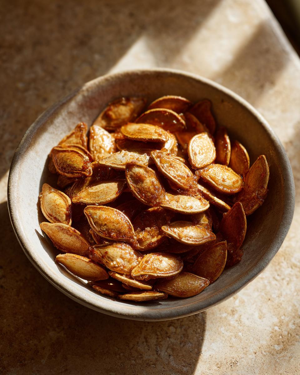 A close-up of a rustic bowl filled with golden-brown roasted pumpkin seeds, glistening with seasoning.