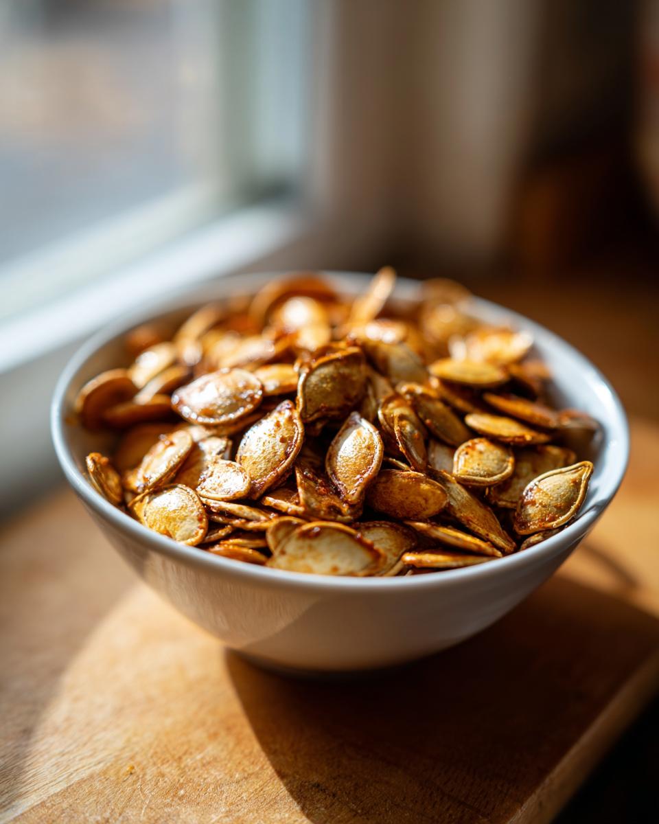 A white bowl filled with golden-brown, crispy roasted pumpkin seeds, seasoned and ready to eat.