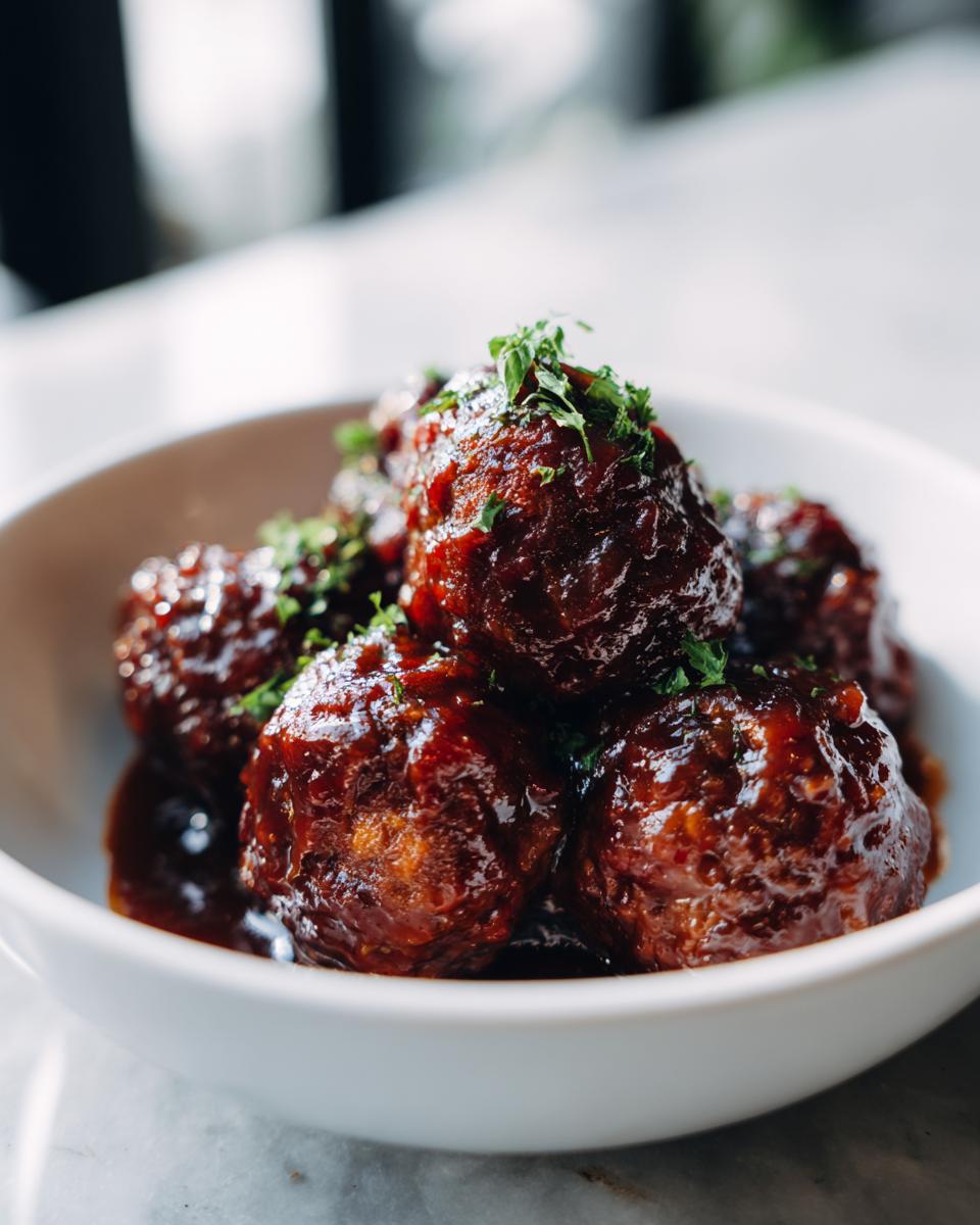 A close-up of glossy Crockpot BBQ meatballs in a white bowl, topped with fresh parsley.