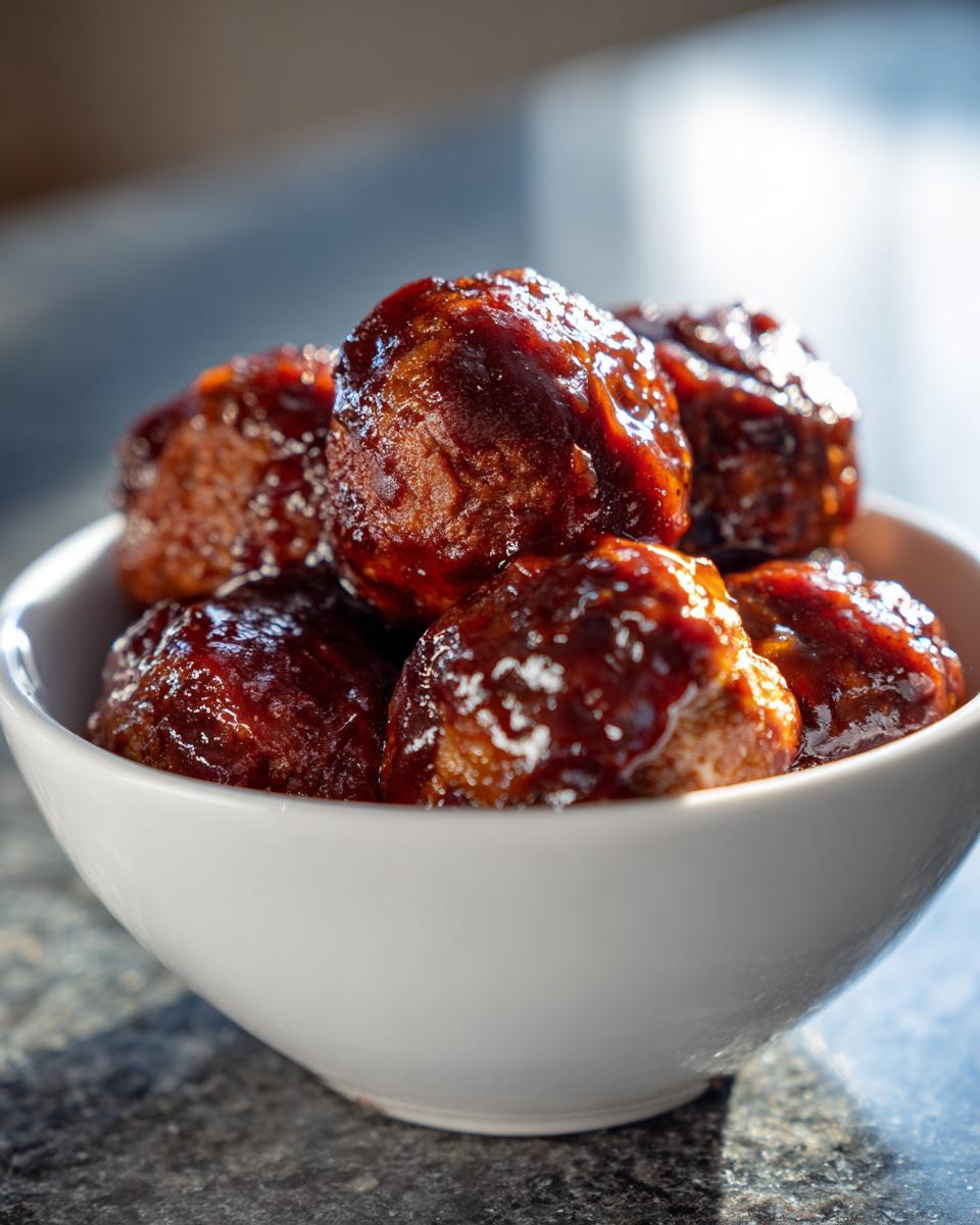 A close-up of glossy Crockpot BBQ meatballs piled high in a white bowl.