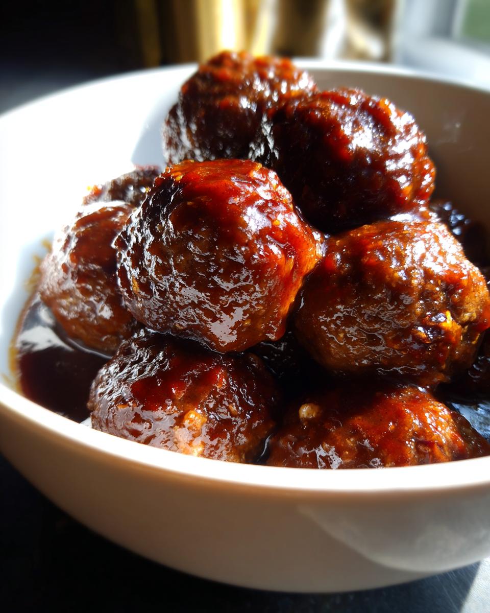 Close-up of a white bowl filled with glossy Crockpot BBQ meatballs coated in a rich, dark sauce.