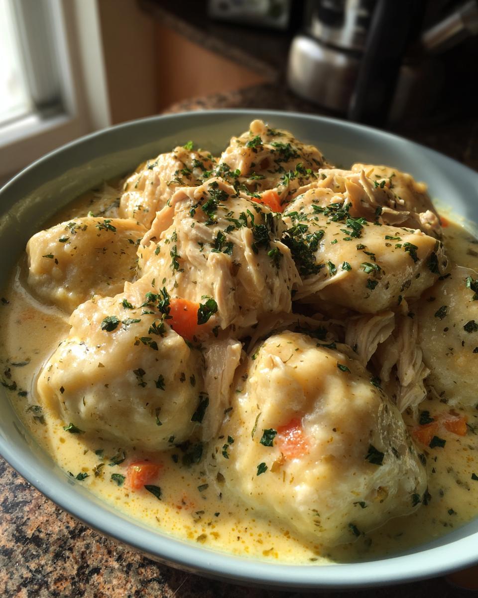 A close-up of a bowl filled with hearty Crockpot chicken and dumplings, garnished with parsley.