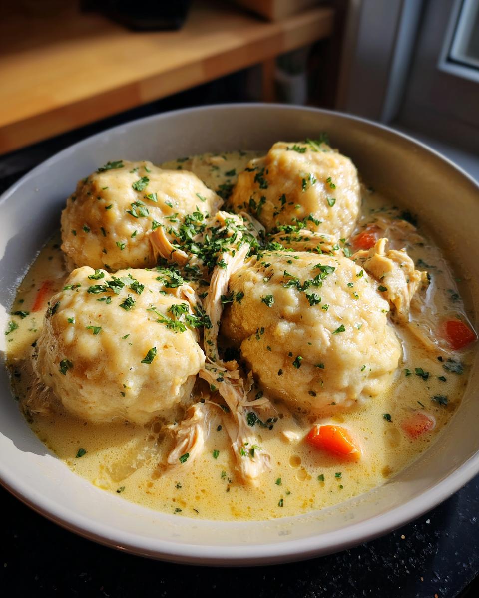 A close-up of a bowl of Crockpot chicken and dumplings, featuring fluffy dumplings in a creamy broth with shredded chicken and carrots, garnished with parsley.