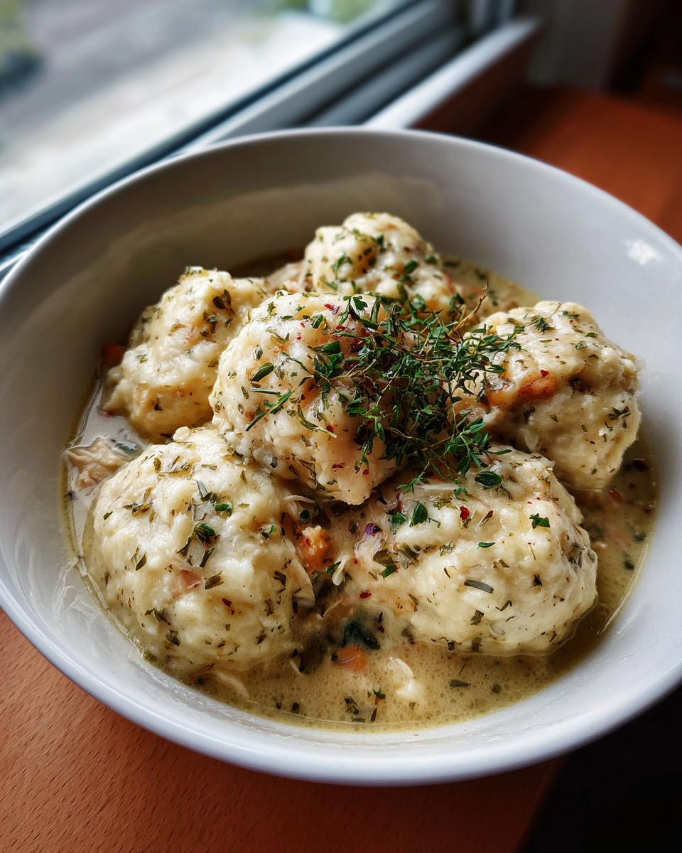 A close-up of fluffy dumplings in a creamy broth with shredded chicken, garnished with fresh herbs. Crockpot chicken and dumplings.