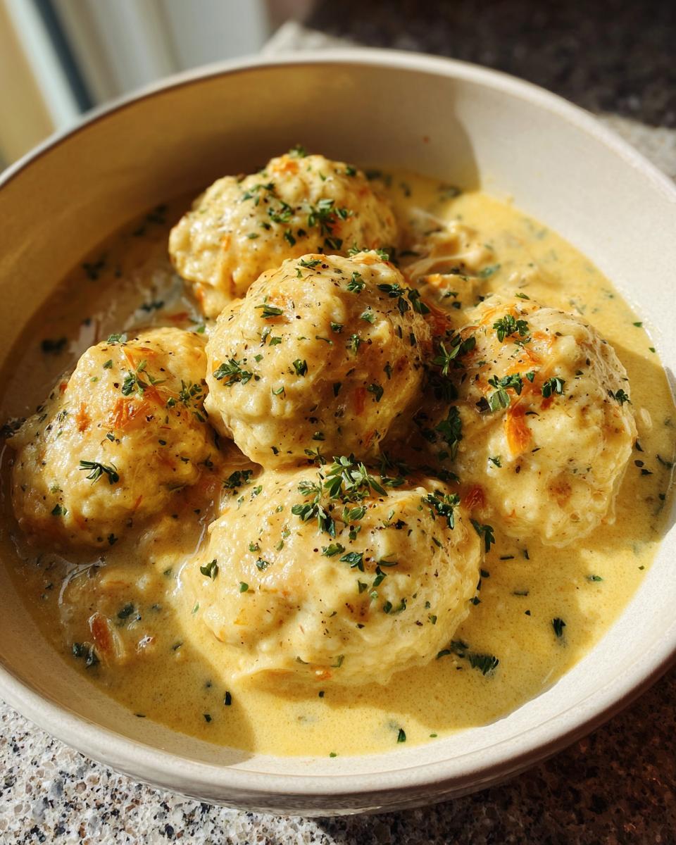 Close-up of fluffy dumplings in a creamy sauce, garnished with herbs, for Crockpot chicken and dumplings.