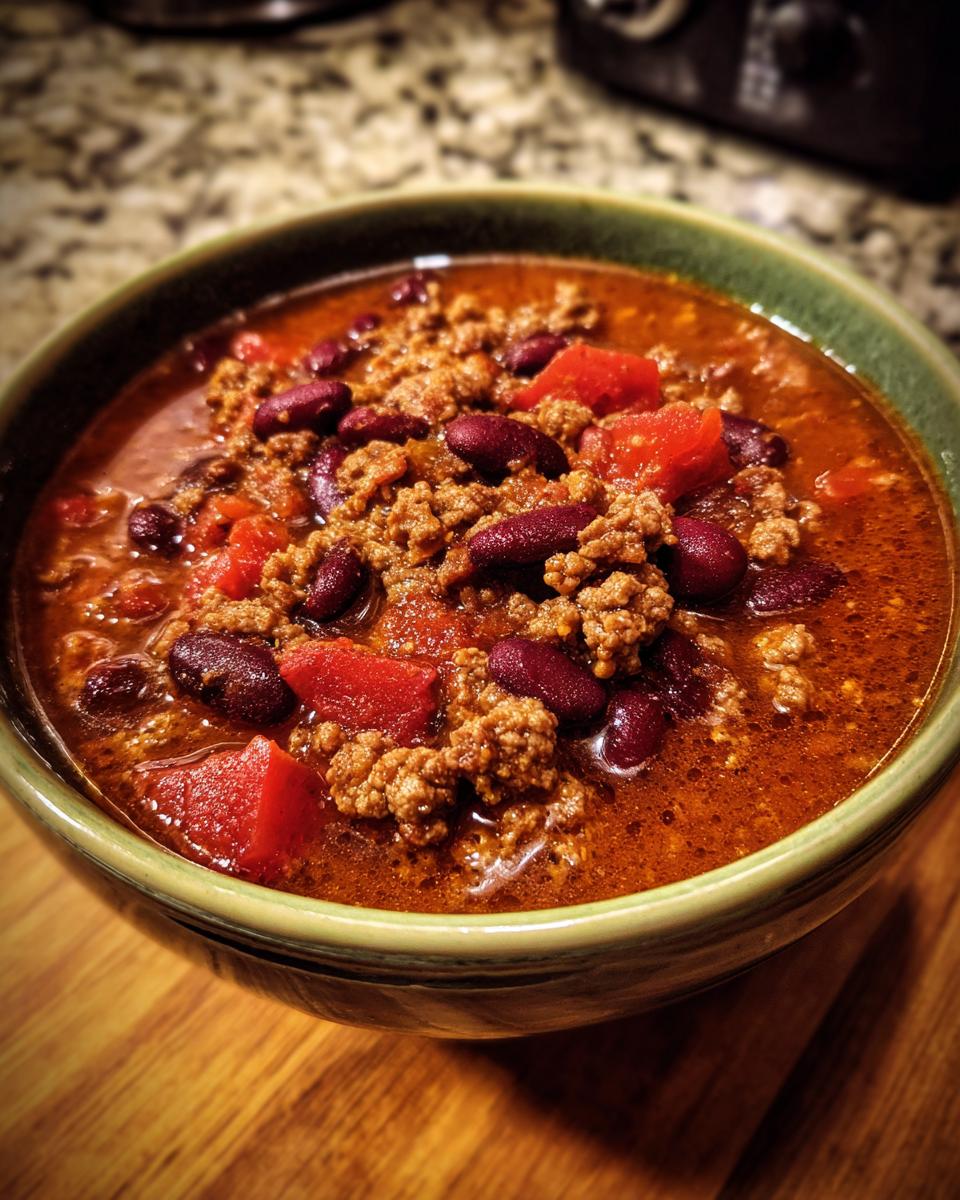 A close-up of a bowl filled with delicious Crockpot chili, featuring ground beef, kidney beans, and tomatoes.