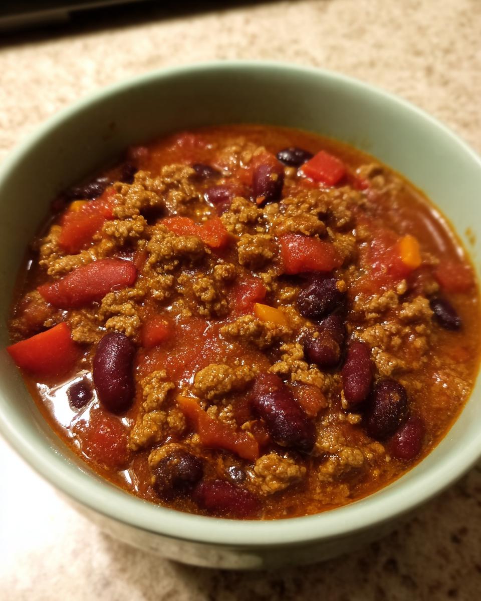 A close-up of a bowl filled with delicious Crockpot chili, featuring ground beef, kidney beans, and diced tomatoes.