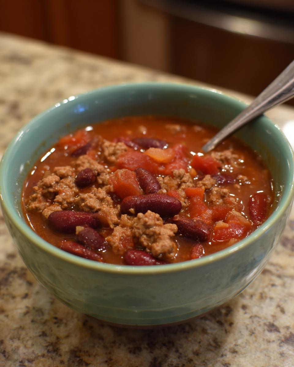 A close-up of a bowl of delicious Crockpot chili with ground beef, kidney beans, and tomatoes, with a spoon.