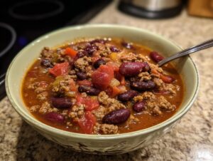 A close-up of a bowl filled with delicious Crockpot chili, featuring ground beef, kidney beans, and diced tomatoes.
