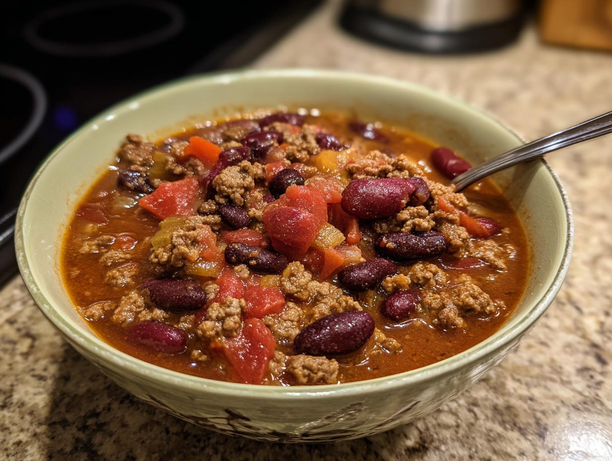 A close-up of a bowl filled with delicious Crockpot chili, featuring ground beef, kidney beans, and diced tomatoes.