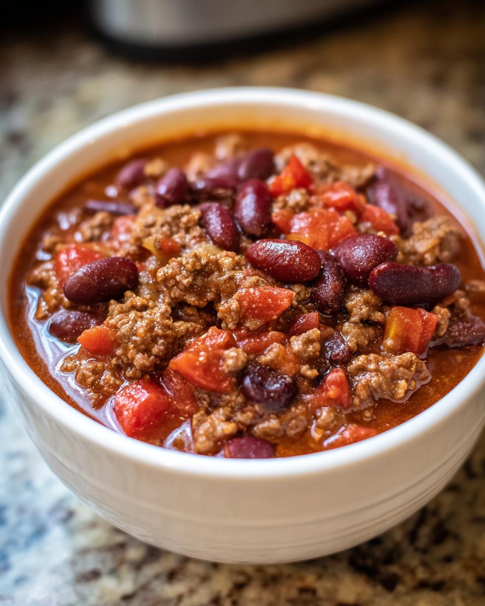 A close-up shot of a white bowl filled with hearty Crockpot chili, featuring ground beef, kidney beans, and diced tomatoes.